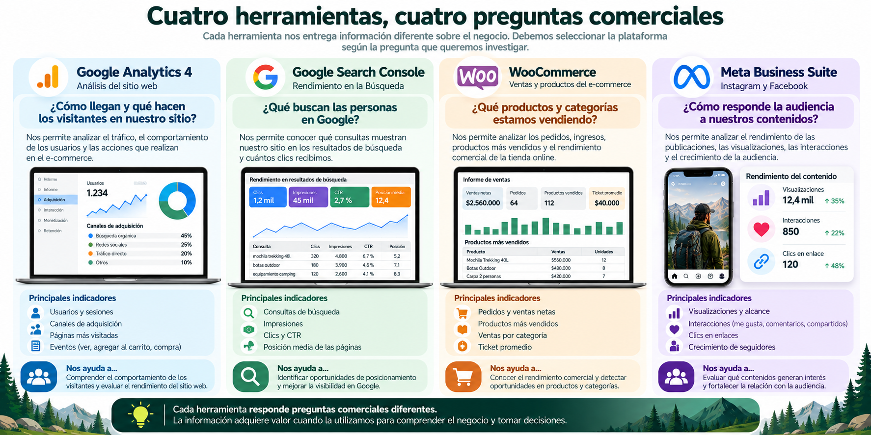 Infografía educativa de Montaña Táctica dividida en cuatro herramientas: Google Analytics 4 para analizar tráfico y comportamiento; Google Search Console para investigar búsquedas, impresiones y clics; WooCommerce para consultar pedidos, productos y ventas; y Meta Business Suite para analizar visualizaciones, alcance e interacciones de contenidos.