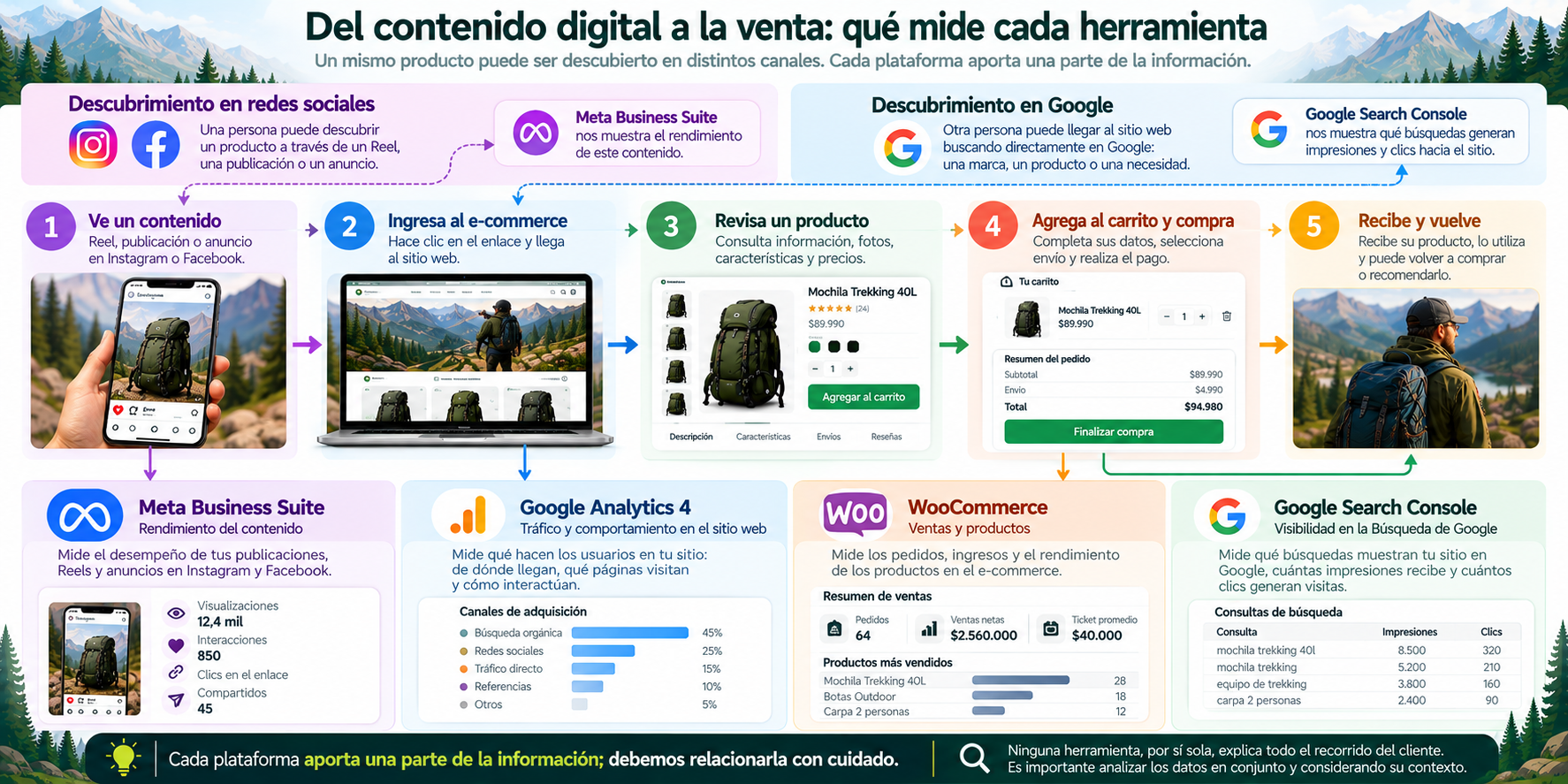 Infografía educativa de Montaña Táctica sobre un recorrido comercial hipotético desde una publicación de Instagram hasta una visita al e-commerce, la revisión del producto y una compra. Relaciona Meta Business Suite con el rendimiento del contenido, Google Analytics 4 con el comportamiento registrado y WooCommerce con los pedidos y ventas. Google Search Console se presenta como otra vía independiente de descubrimiento mediante búsquedas.